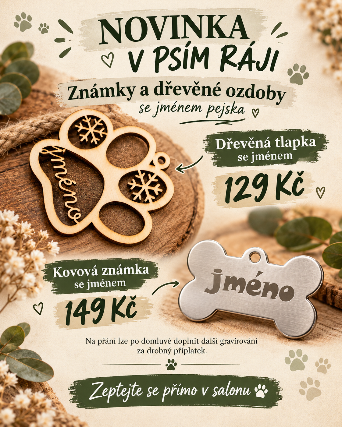 Novinka v Psím ráji – známky a dřevěné ozdoby se jménem pejska: dřevěná tlapka 129 Kč, kovová známka 149 Kč