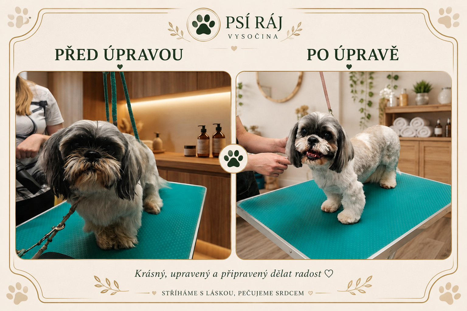 Shih tzu – kompletní úprava srsti – porovnání před a po úpravě v salonu Psí ráj Vysočina